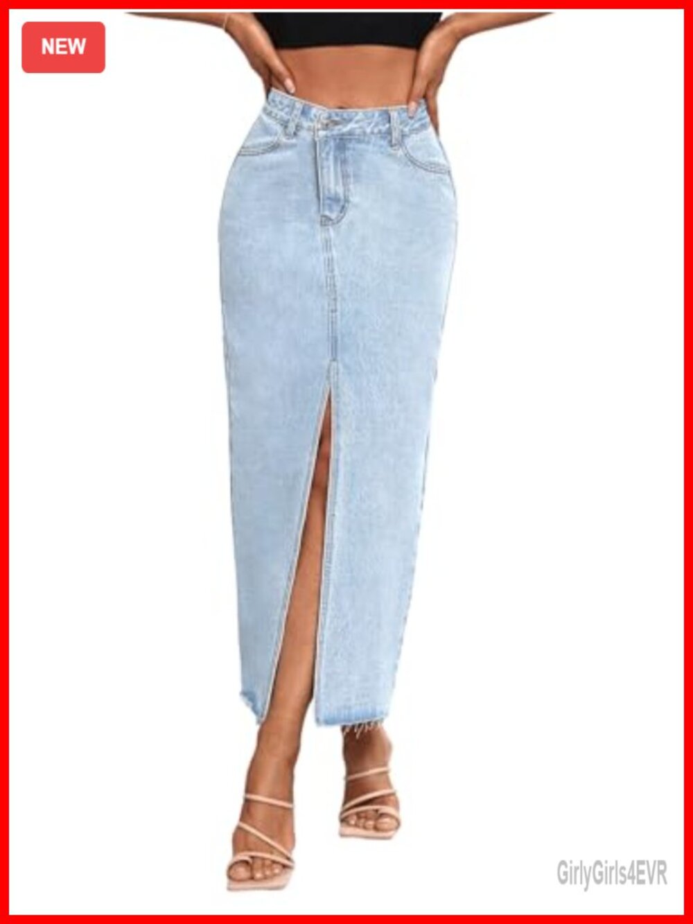 High Waist Stretch Maxi Denim Skirt Front Split Raw Hem A-Line